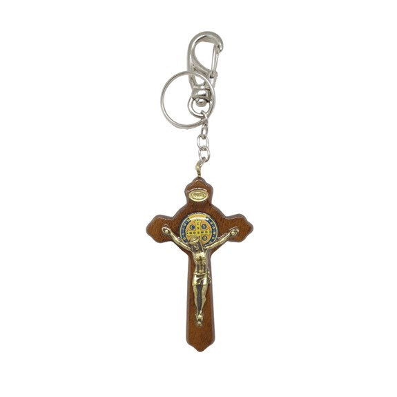 Chaveiro Crucifixo de São Bento Luxo em Madeira 7,5 cm