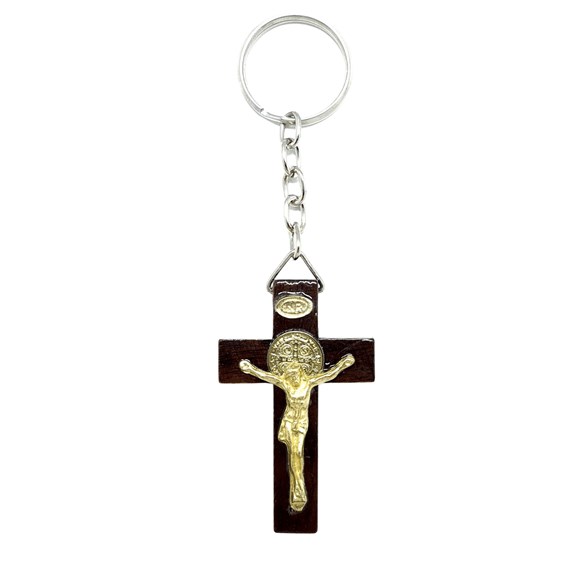 Chaveiro Crucifixo em Madeira com São Bento 5,3 cm