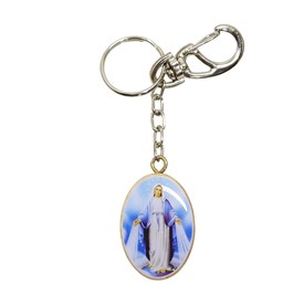 Chaveiro Medalha Milagrosa Oval em Madeira 4 cm - Nossa Senhora das Graças - 10 UNIDADES