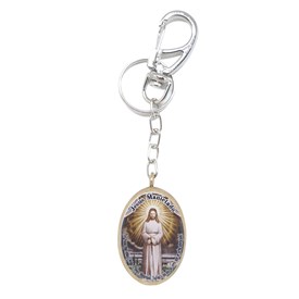 Chaveiro Medalha Oval em Madeira 4 cm - Nossa Senhora das Lágrimas