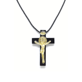 Combo Crucifixos em Madeira Negra Medalha São Bento Metal no cordão 5,4 cm - 10 Unidades