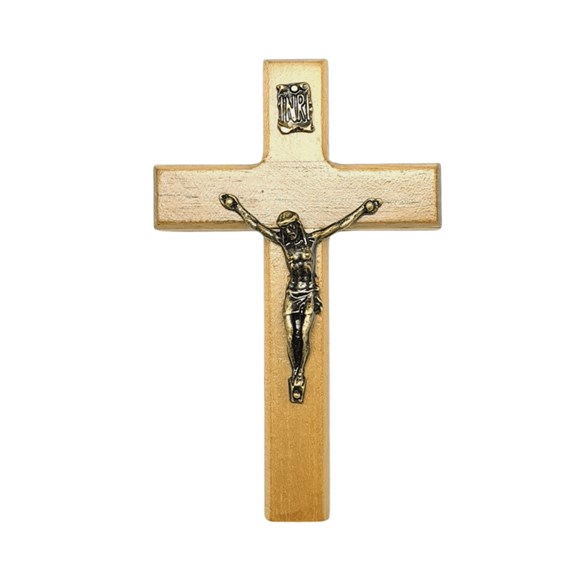 Crucifixo de mão / porta madeira clara 9 cm
