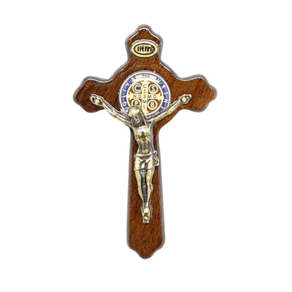 Crucifixo de mão / porta São Bento Luxo madeira natural 7,5 cm