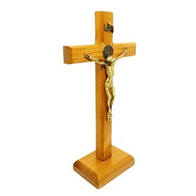 Crucifixo de mesa madeira clara São Bento 18 cm