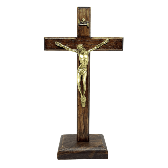 Crucifixo de Mesa Madeira Natural Escura 18 cm