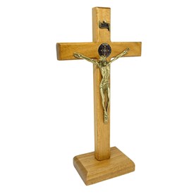 Crucifixo de Mesa São Bento Colorido Madeira Clara 18 cm