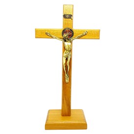 Crucifixo de Mesa São Bento Colorido Madeira Clara 23 cm