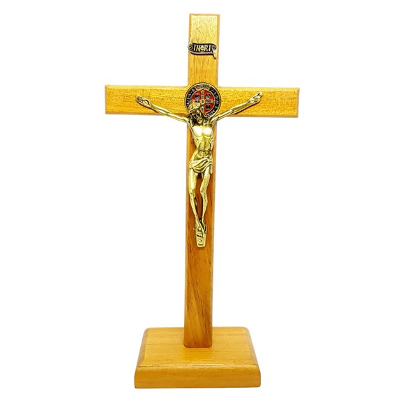 Crucifixo de Mesa São Bento Colorido Madeira Clara 23 cm