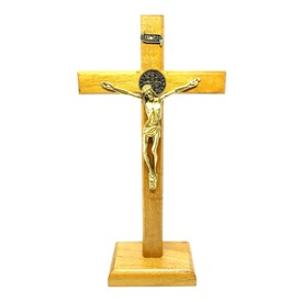 Crucifixo de Mesa São Bento Madeira Clara 23 cm
