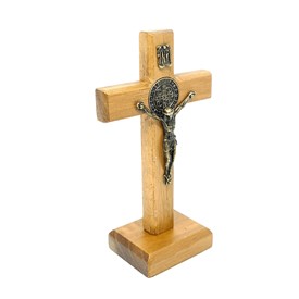 Crucifixo de Mesa São Bento Madeira Clara 9 cm