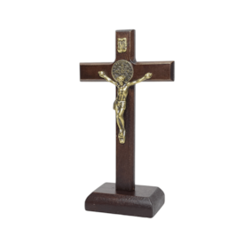 Crucifixo de Mesa São Bento Madeira Natural  12 cm - Cruz da Libertação