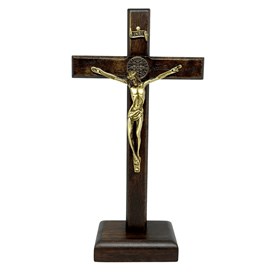 Crucifixo de Mesa São Bento Madeira Natural 18 cm