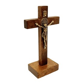 Crucifixo de Mesa São Bento Madeira Rústica 12 cm