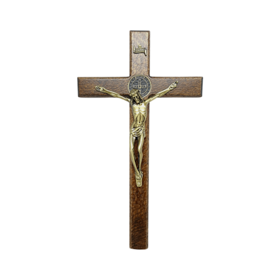 Crucifixo de Parede São Bento Madeira Natural 23 cm