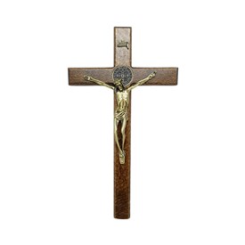 Crucifixo de Parede São Bento Madeira Natural 23 cm