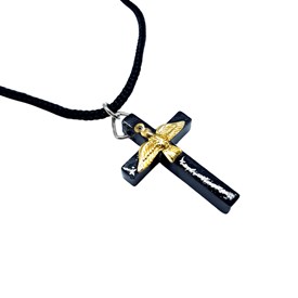 Cruz de Madeira com Espírito Santo em Metal no Cordão Grosso 3,4 cm