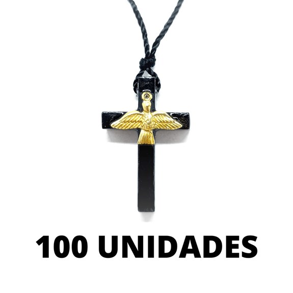 Cruz em Madeira 3,4 cm com Espírito Santo no Cordão Fino - 100 unidades