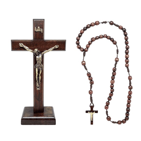 Kit Crucifixo de mesa 18 cm + Terço de madeira