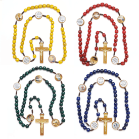 Rosário - 4 Terços Coloridos com Mistérios - com Caixa Personalizada em MDF Amadeirado com Tampa de Acrílico