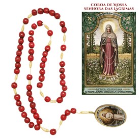 Terço da Coroa de Nossa Senhora das Lágrimas em Madeira Vermelha com Folheto