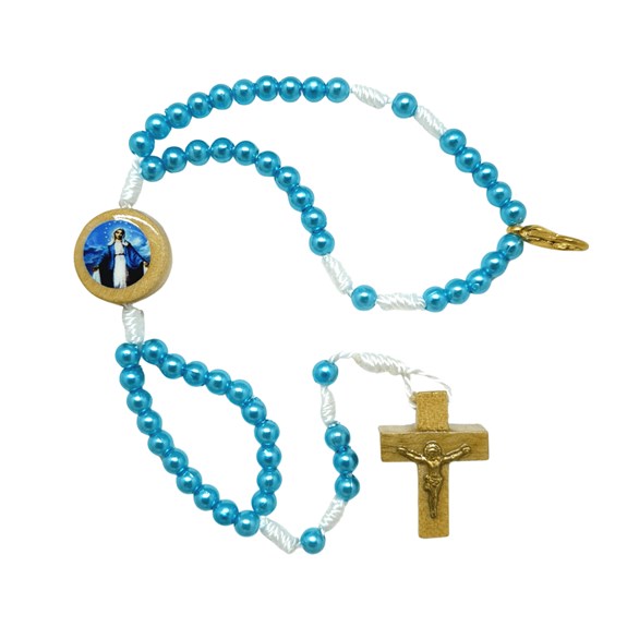 Terço de Pulso Pérola Azul com Medalha e Crucifixo em Madeira
